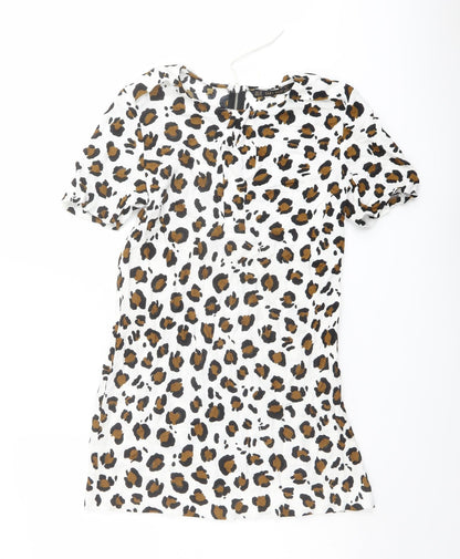Zara Womens White Animal Print Polyester Shift Size XS Round Neck Zip - Leopard pattern