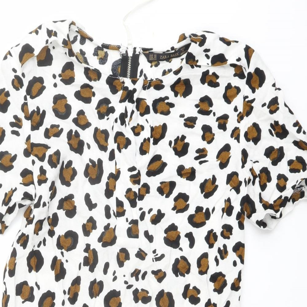 Zara Womens White Animal Print Polyester Shift Size XS Round Neck Zip - Leopard pattern