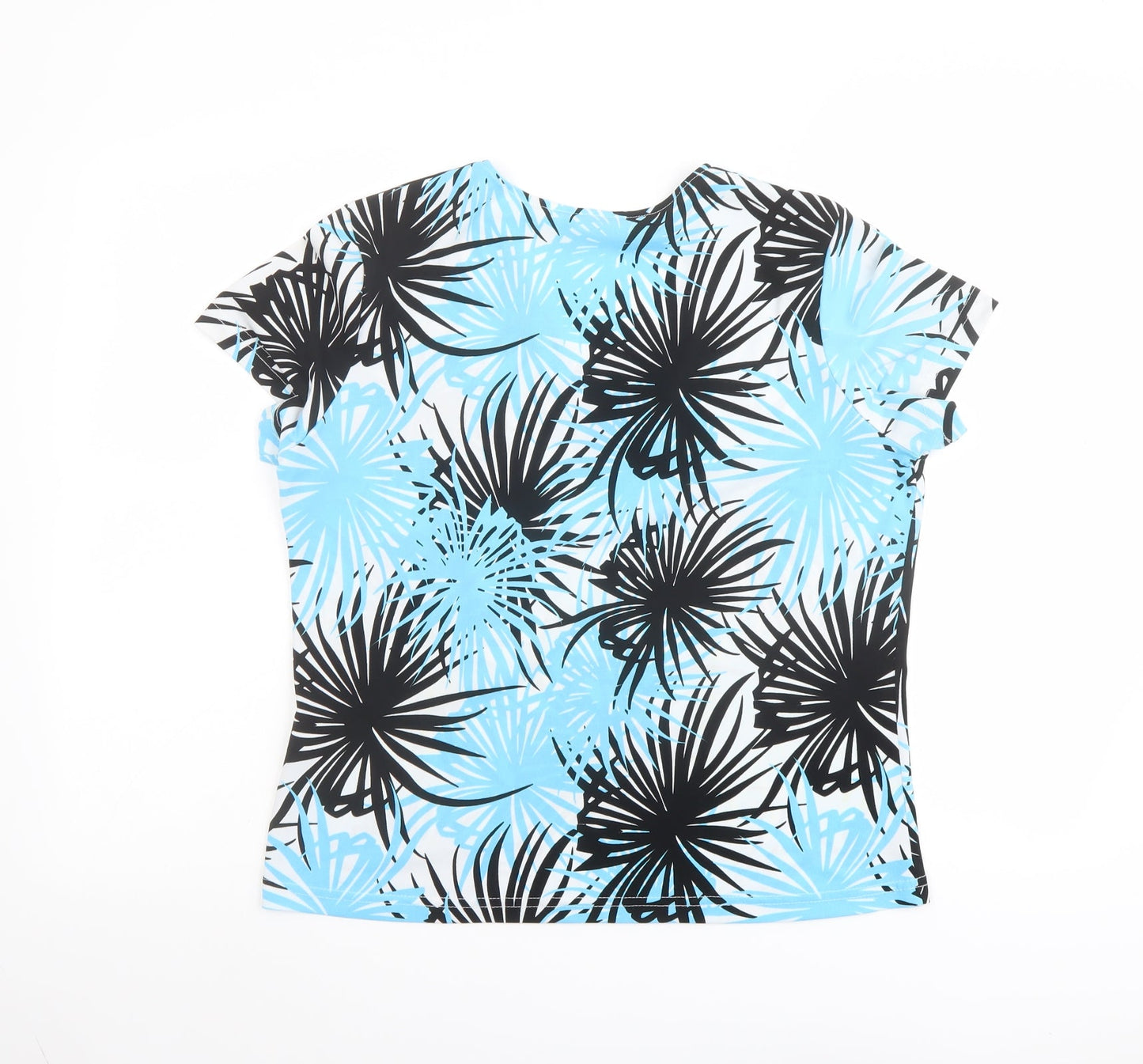 Editions Womens Blue Geometric Polyester Basic T-Shirt Size 16 V-Neck - Palm Print