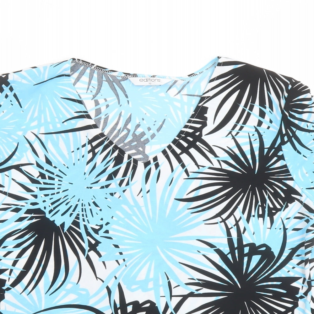 Editions Womens Blue Geometric Polyester Basic T-Shirt Size 16 V-Neck - Palm Print