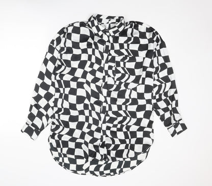 Violet Womens Black Geometric Polyester Basic Button-Up Size 8 Collared