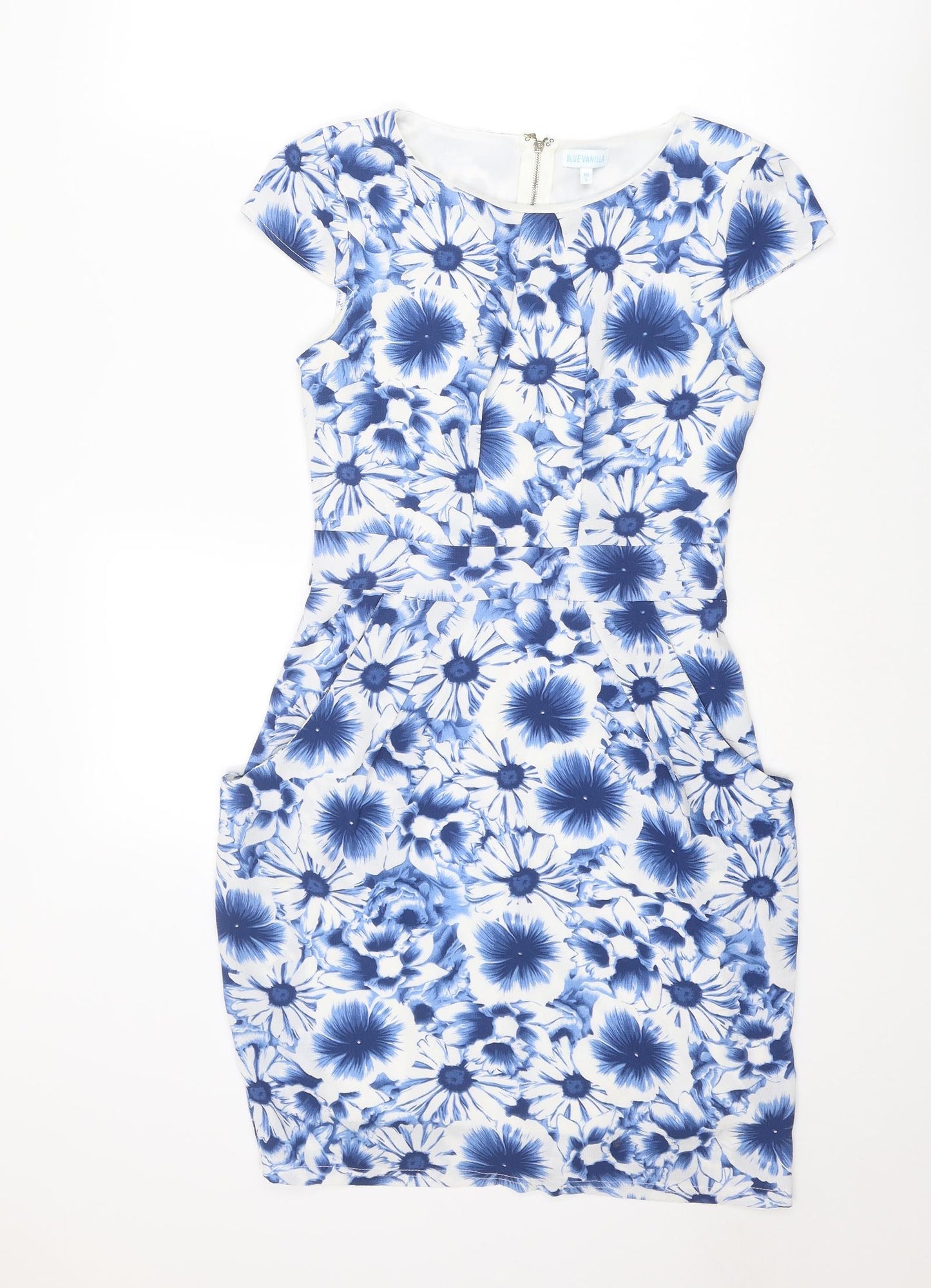 Blue Vanilla Womens Blue Floral Polyester Shift Size 10 Boat Neck Zip