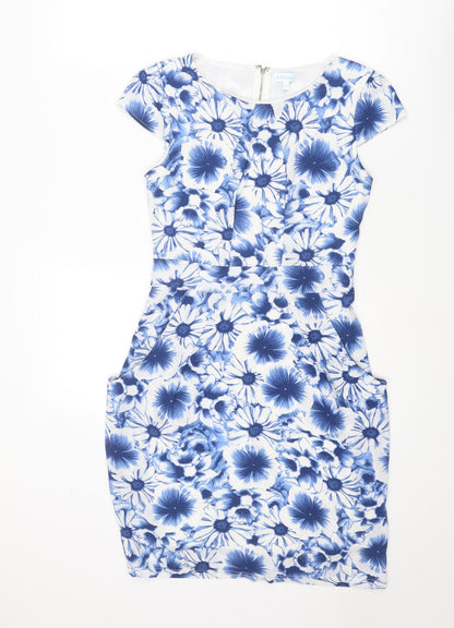 Blue Vanilla Womens Blue Floral Polyester Shift Size 10 Boat Neck Zip
