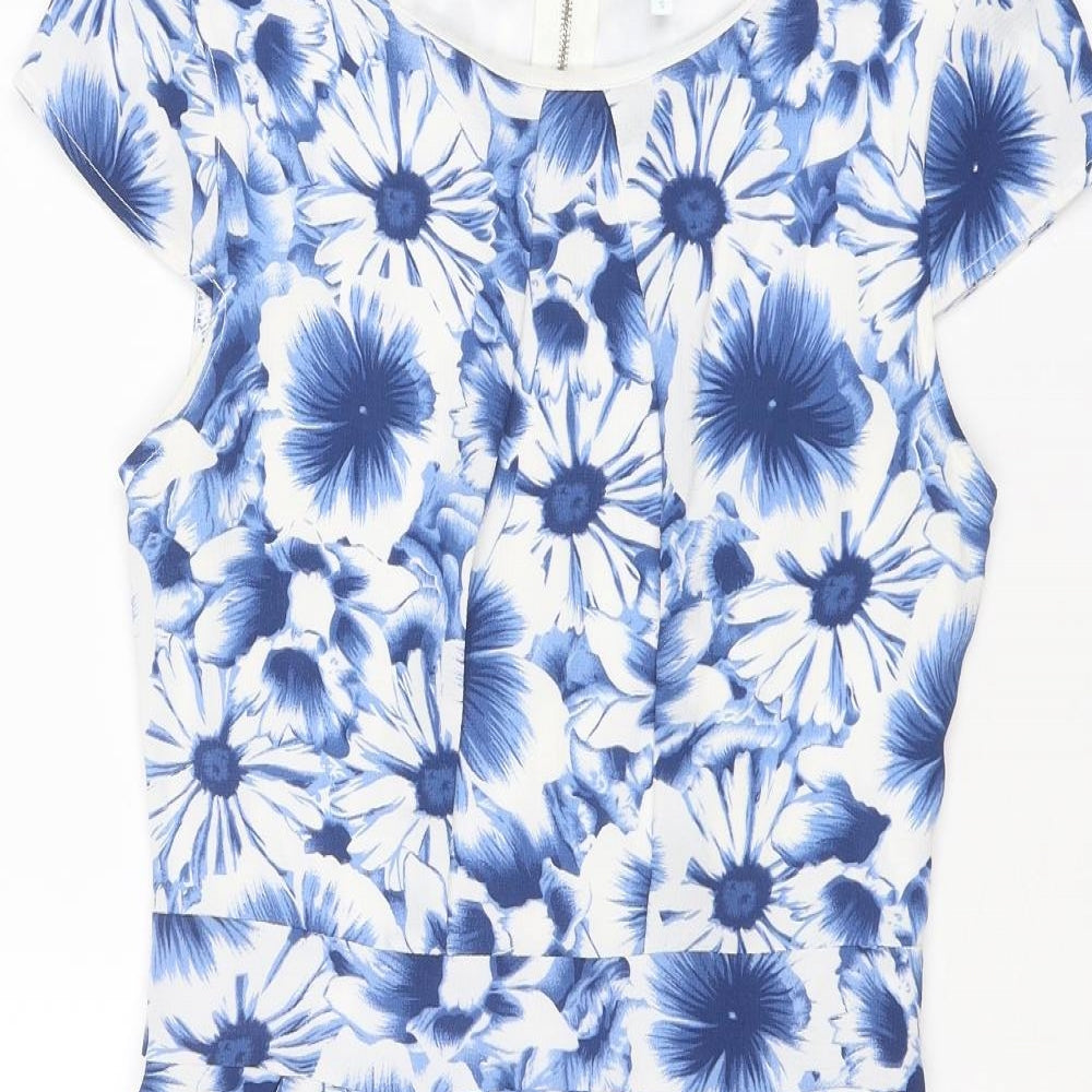Blue Vanilla Womens Blue Floral Polyester Shift Size 10 Boat Neck Zip