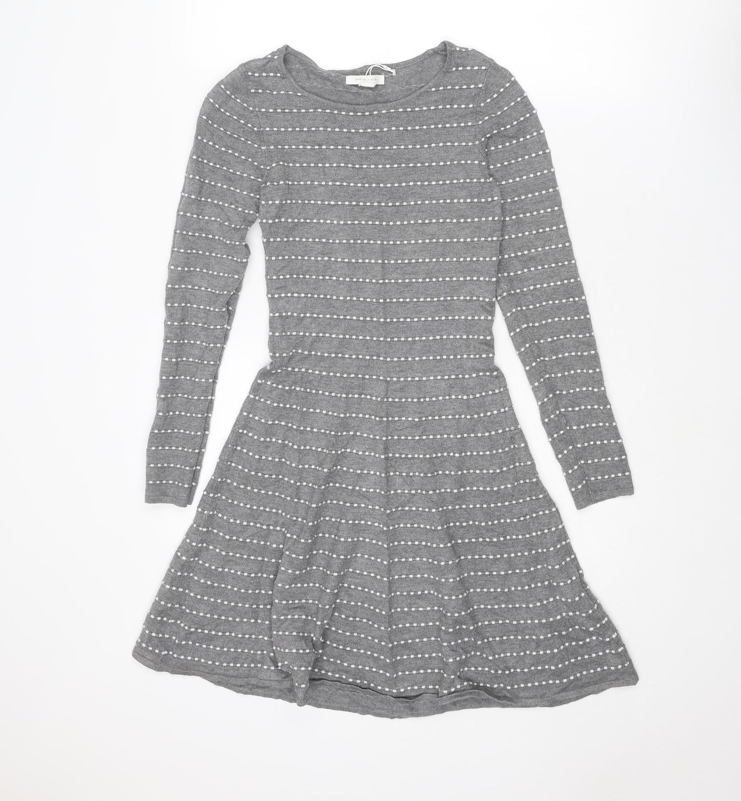 Springfield Womens Grey Striped Viscose Jumper Dress Size XS Round Neck Pullover