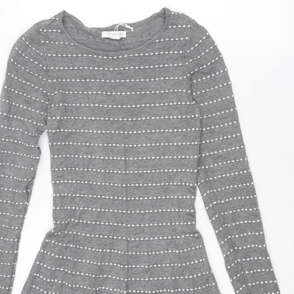 Springfield Womens Grey Striped Viscose Jumper Dress Size XS Round Neck Pullover