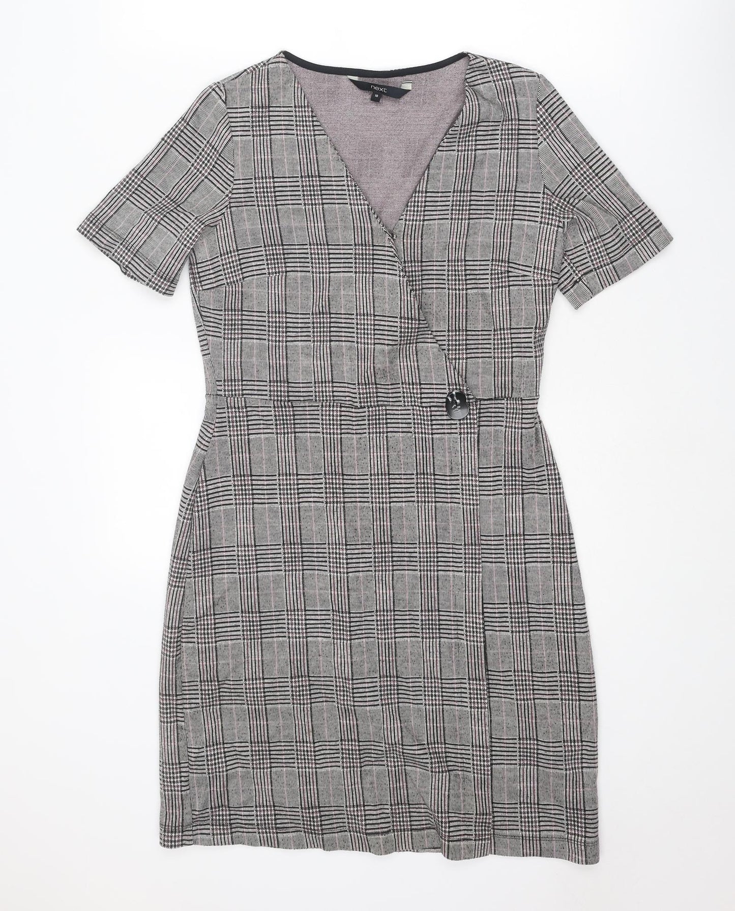 NEXT Womens Grey Plaid Polyester Shift Size 10 V-Neck Snap - Wrap Style