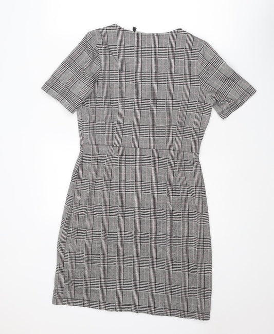 NEXT Womens Grey Plaid Polyester Shift Size 10 V-Neck Snap - Wrap Style