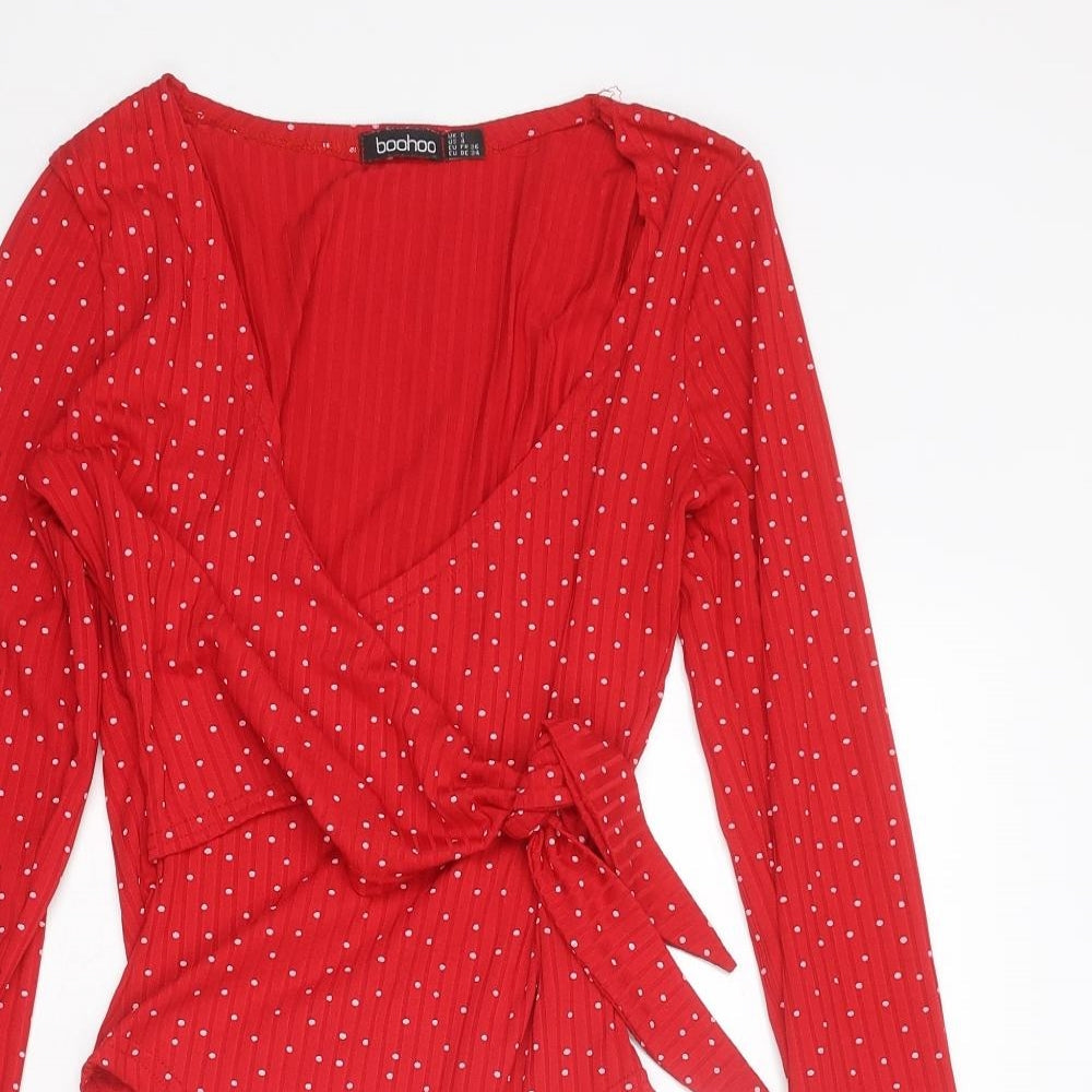 Boohoo Womens Red Polka Dot Polyester Bodysuit One-Piece Size 8 Tie
