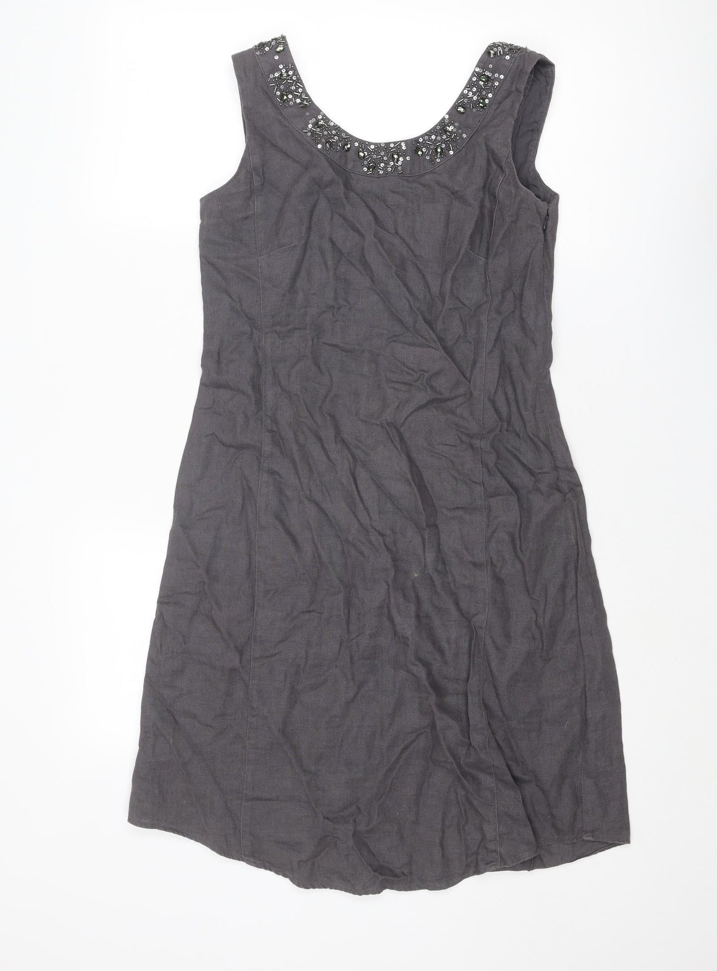 EAST Womens Grey Linen A-Line Size 8 Round Neck Zip