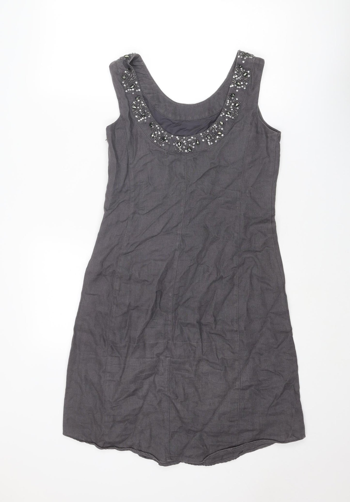 EAST Womens Grey Linen A-Line Size 8 Round Neck Zip