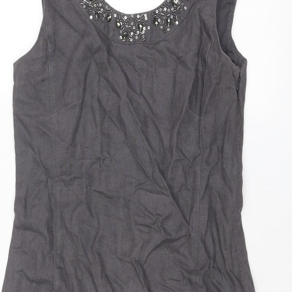 EAST Womens Grey Linen A-Line Size 8 Round Neck Zip