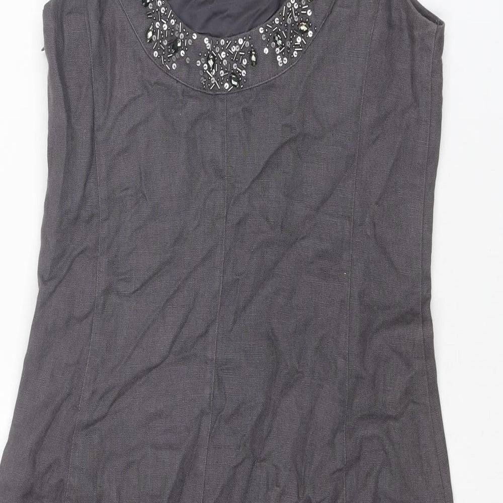 EAST Womens Grey Linen A-Line Size 8 Round Neck Zip