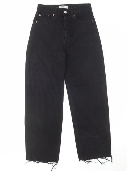 Pull&Bear Womens Black Cotton Wide-Leg Jeans Size 4 L25 in Regular Zip - Frayed Hem