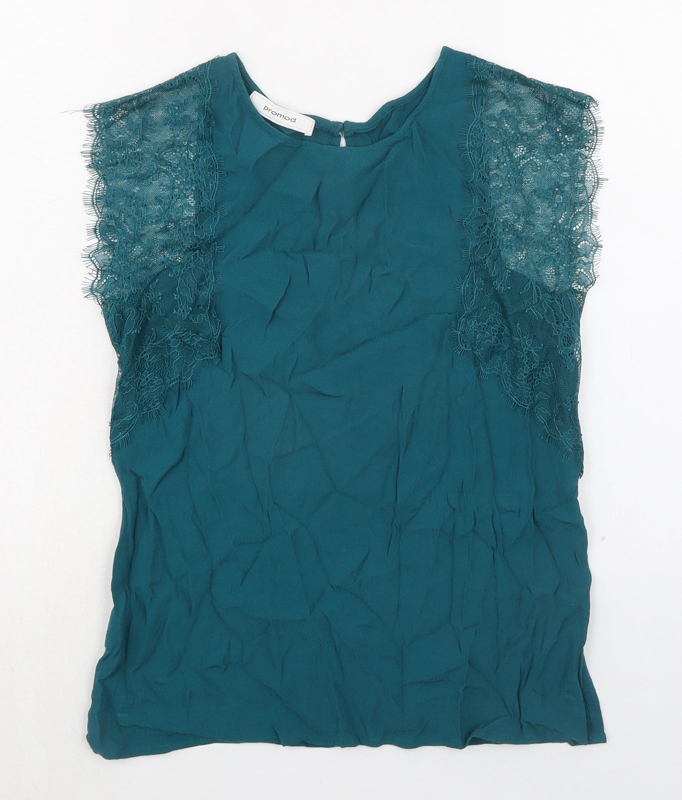 Promod Womens Green Viscose Basic Blouse Size 10 Round Neck - Lace Trim