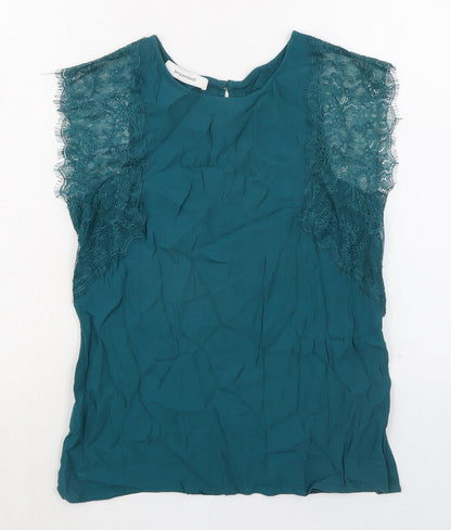 Promod Womens Green Viscose Basic Blouse Size 10 Round Neck - Lace Trim
