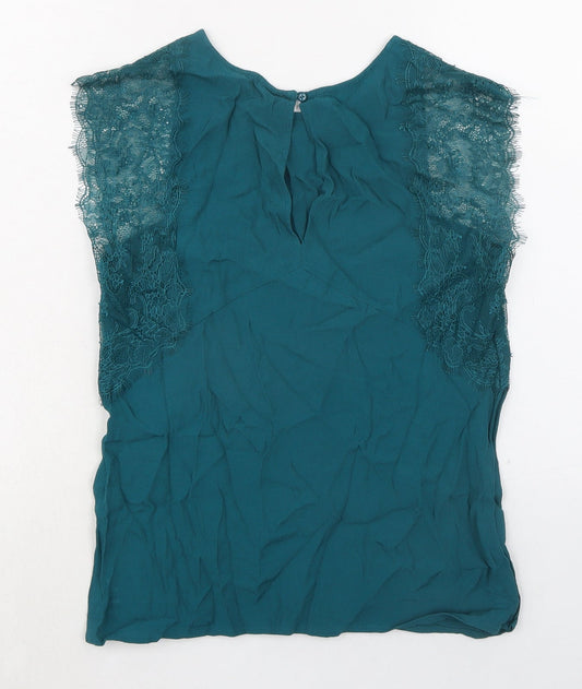 Promod Womens Green Viscose Basic Blouse Size 10 Round Neck - Lace Trim