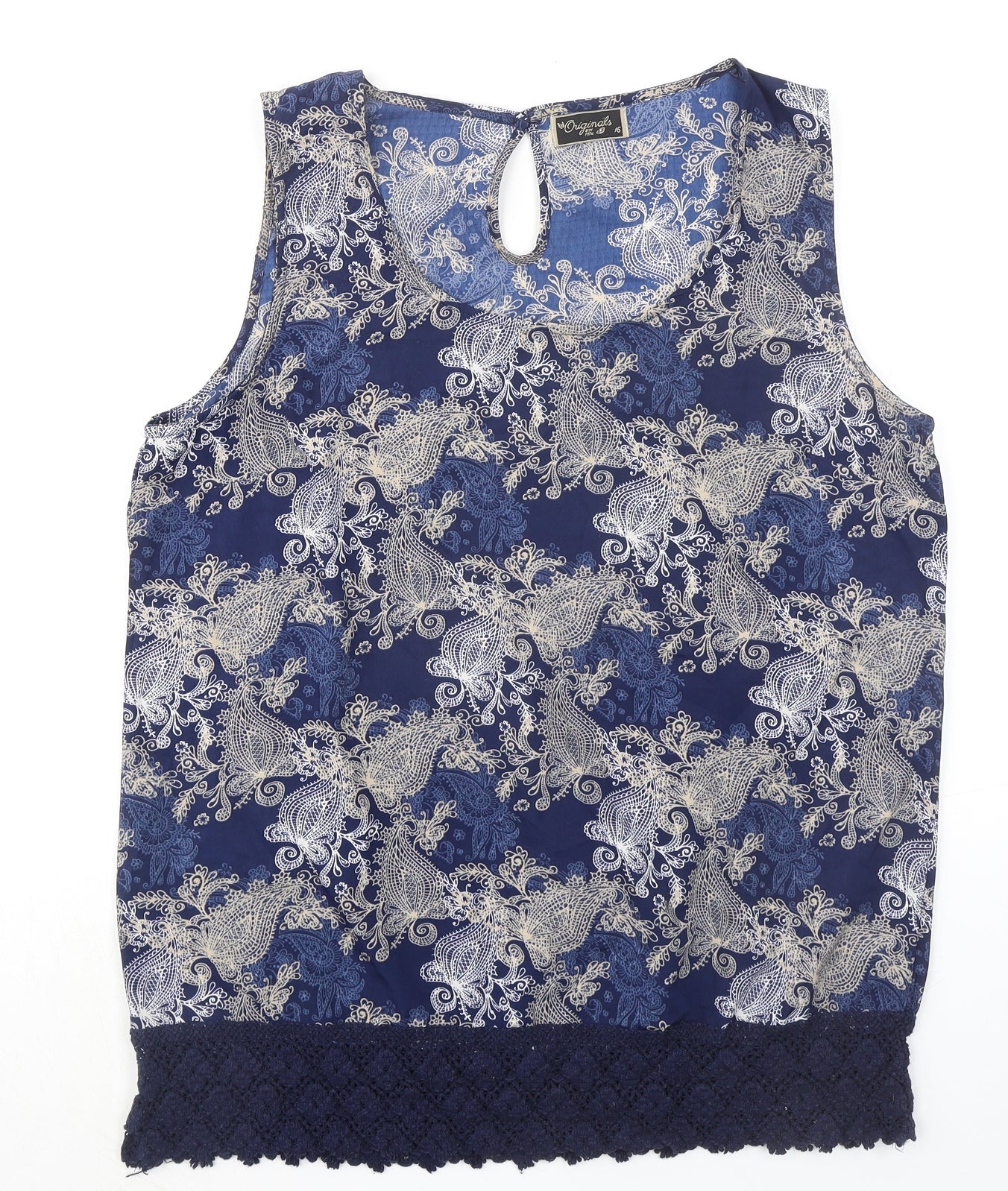 Originals Womens Blue Geometric Polyester Basic Tank Size 16 Round Neck