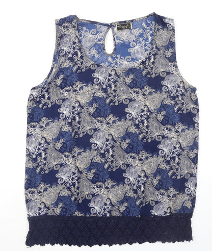 Originals Womens Blue Geometric Polyester Basic Tank Size 16 Round Neck