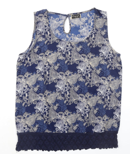 Originals Womens Blue Geometric Polyester Basic Tank Size 16 Round Neck