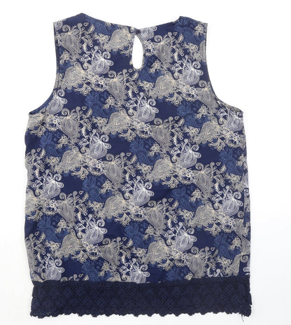 Originals Womens Blue Geometric Polyester Basic Tank Size 16 Round Neck