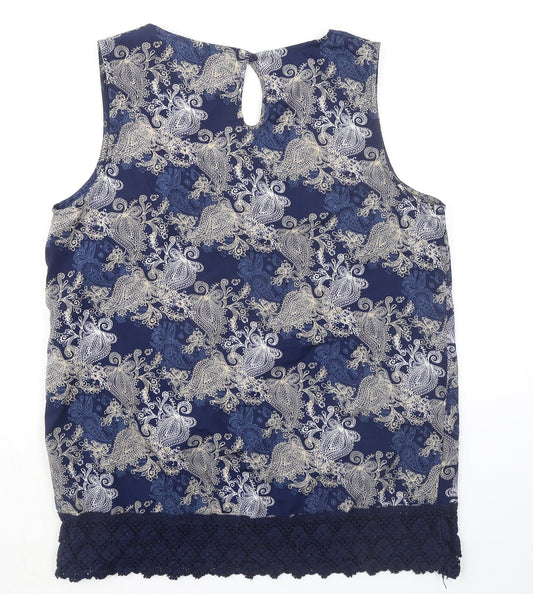 Originals Womens Blue Geometric Polyester Basic Tank Size 16 Round Neck