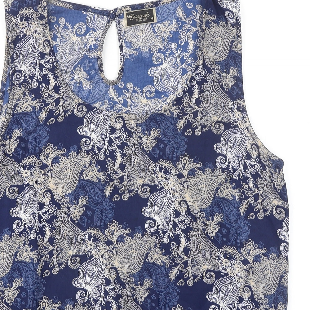 Originals Womens Blue Geometric Polyester Basic Tank Size 16 Round Neck