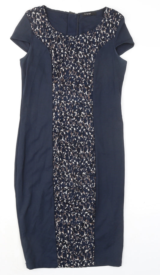 Autograph Womens Blue Geometric Viscose Shift Size 12 Round Neck Zip