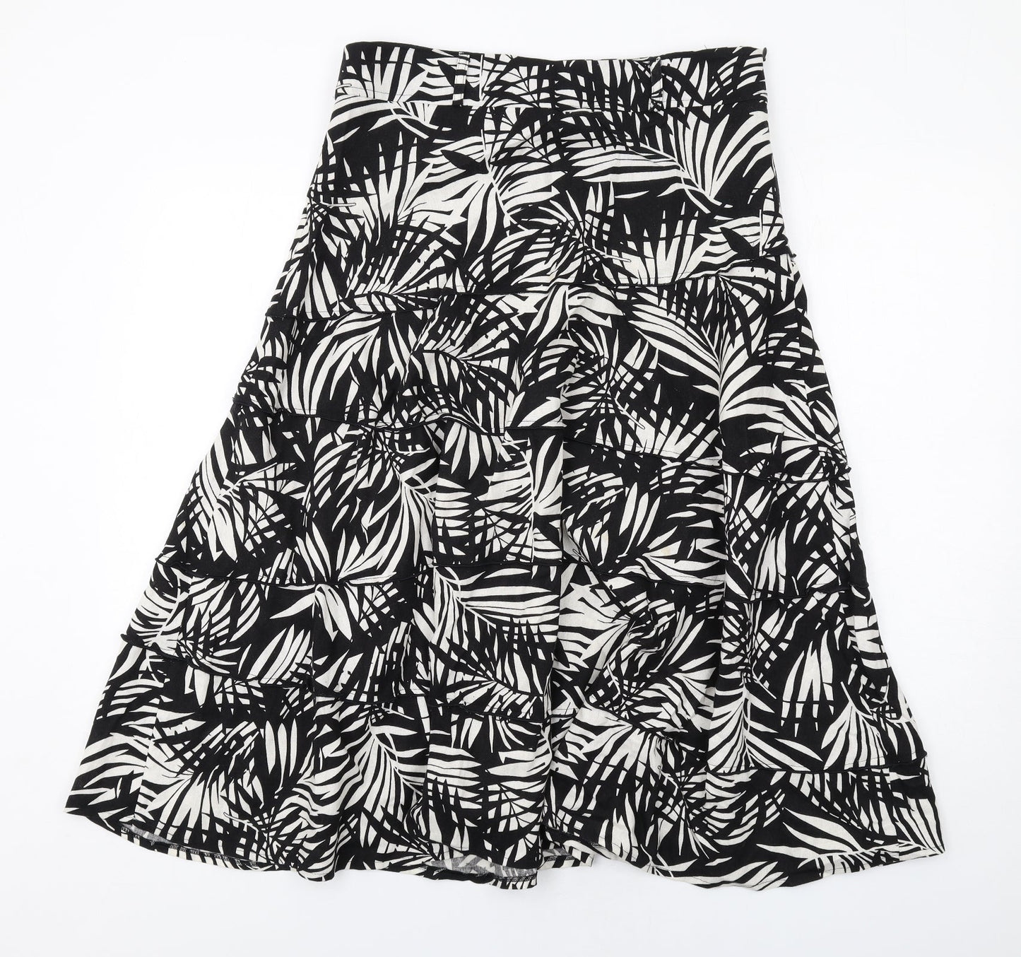 Bonmarché Womens Black Geometric Linen Swing Skirt Size 12 Zip - Leaf pattern