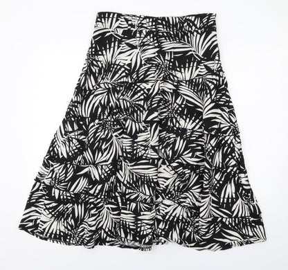 Bonmarché Womens Black Geometric Linen Swing Skirt Size 12 Zip - Leaf pattern