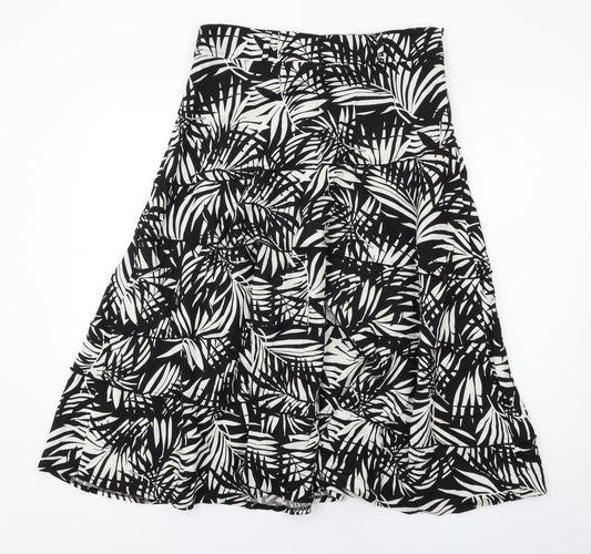 Bonmarché Womens Black Geometric Linen Swing Skirt Size 12 Zip - Leaf pattern