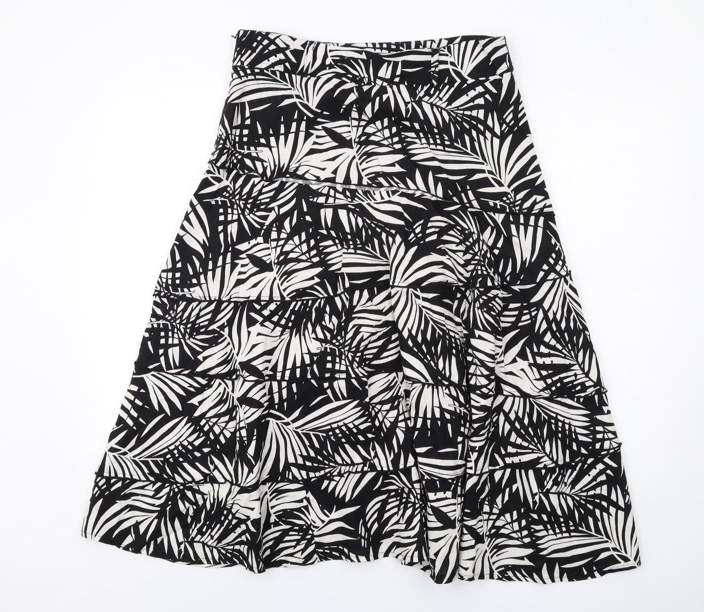 Bonmarché Womens Black Geometric Linen Swing Skirt Size 12 Zip - Leaf pattern