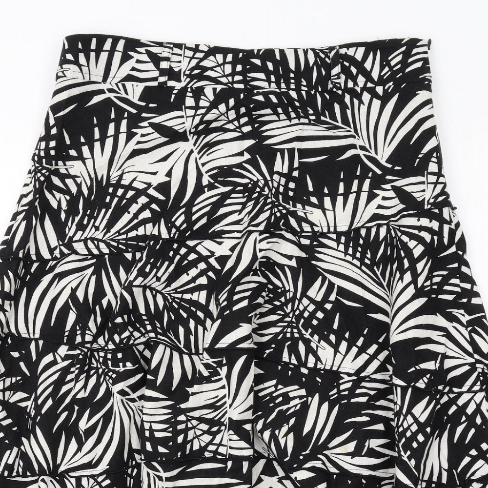 Bonmarché Womens Black Geometric Linen Swing Skirt Size 12 Zip - Leaf pattern