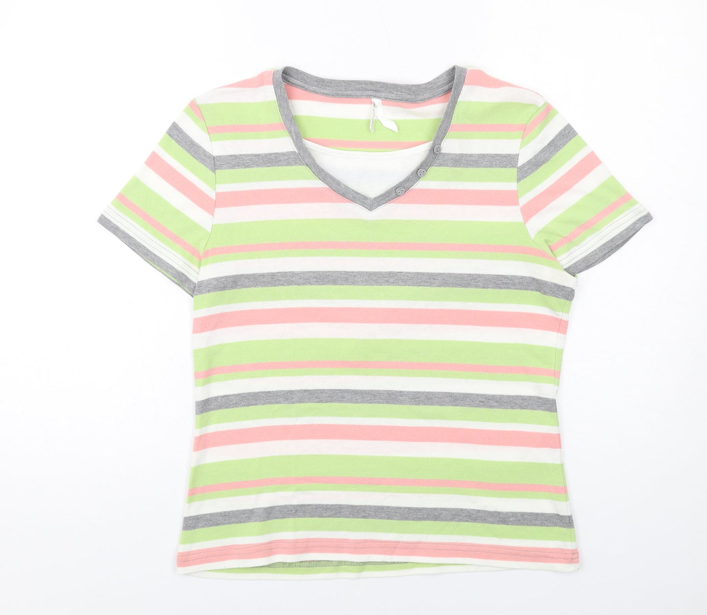 Bonmarché Womens Multicoloured Striped Polyester Basic T-Shirt Size M V-Neck