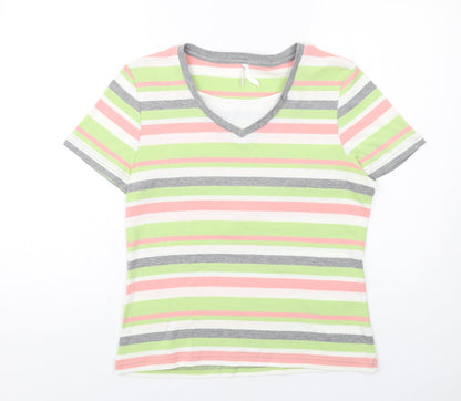 Bonmarché Womens Multicoloured Striped Polyester Basic T-Shirt Size M V-Neck