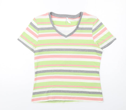 Bonmarché Womens Multicoloured Striped Polyester Basic T-Shirt Size M V-Neck