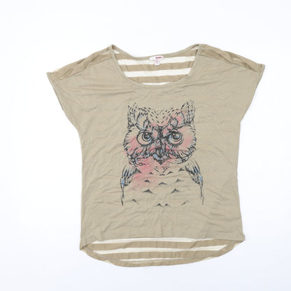 Bongo Womens Beige Striped Polyester Basic T-Shirt Size L Boat Neck - Owl