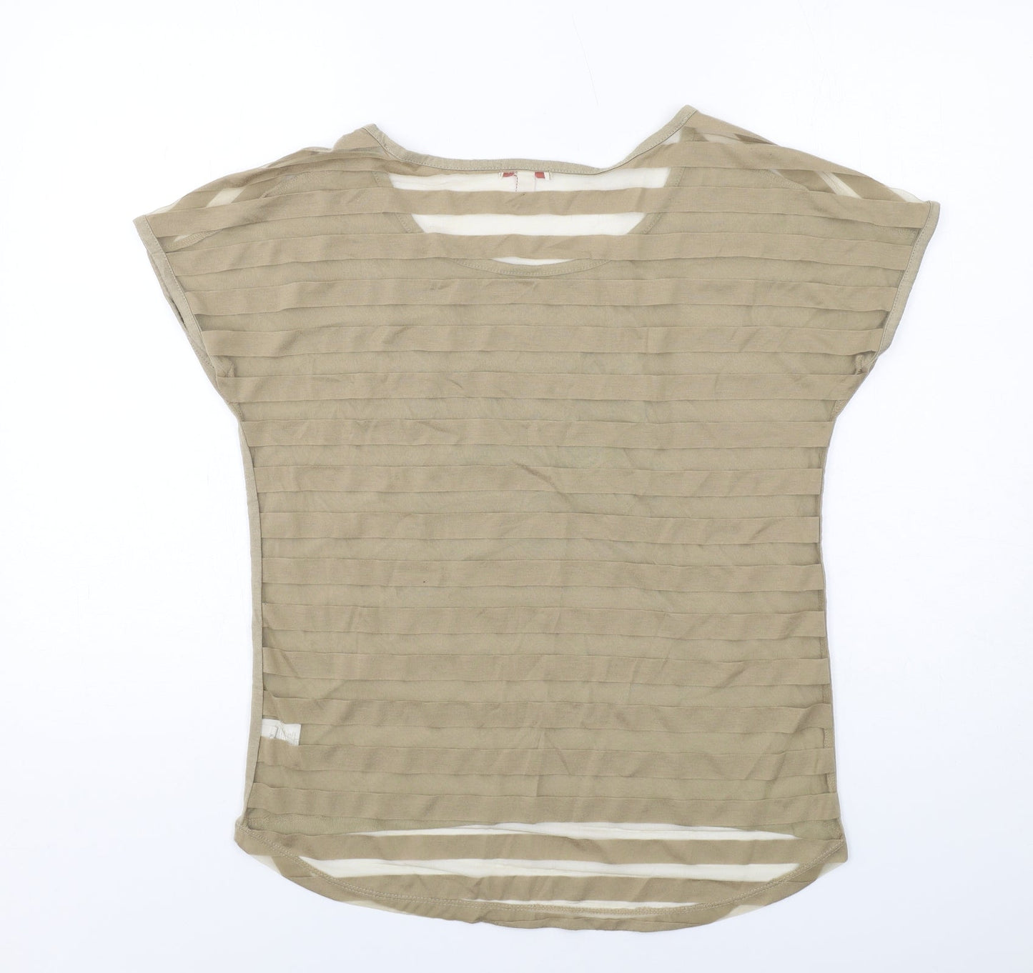 Bongo Womens Beige Striped Polyester Basic T-Shirt Size L Boat Neck - Owl