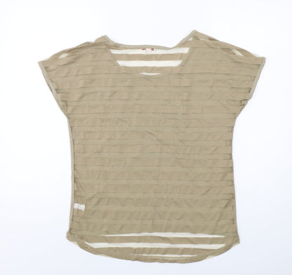 Bongo Womens Beige Striped Polyester Basic T-Shirt Size L Boat Neck - Owl