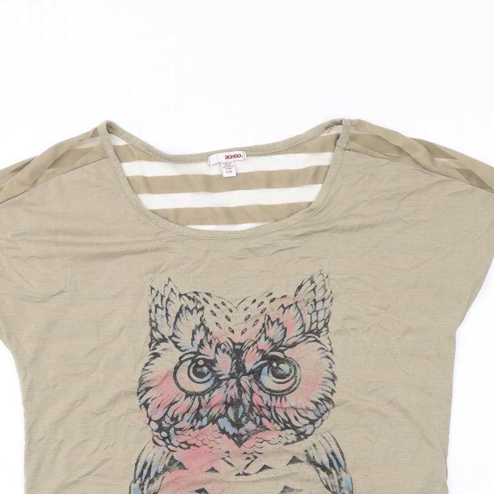 Bongo Womens Beige Striped Polyester Basic T-Shirt Size L Boat Neck - Owl