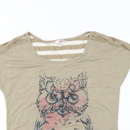 Bongo Womens Beige Striped Polyester Basic T-Shirt Size L Boat Neck - Owl