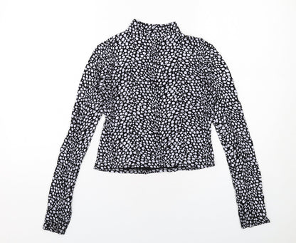 Boohoo Womens Black Animal Print Viscose Basic Blouse Size 10 Mock Neck