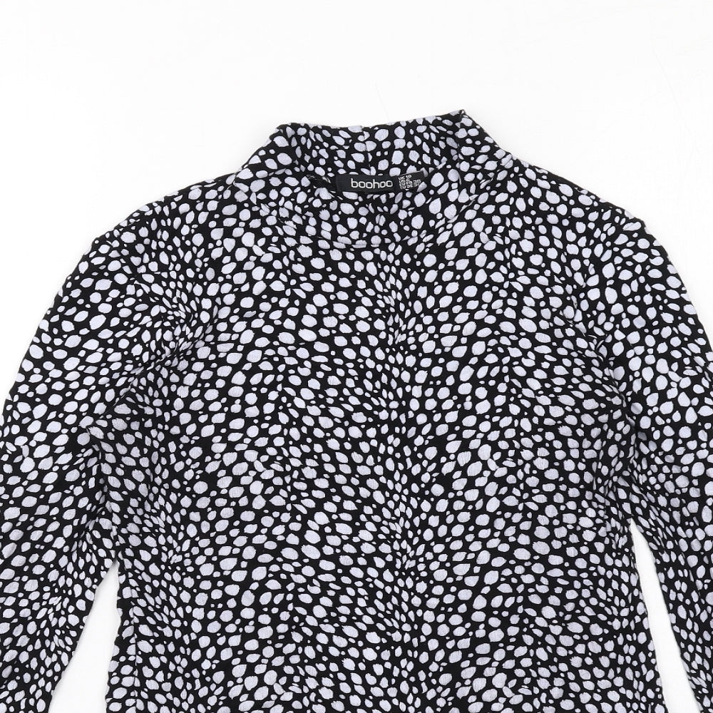 Boohoo Womens Black Animal Print Viscose Basic Blouse Size 10 Mock Neck