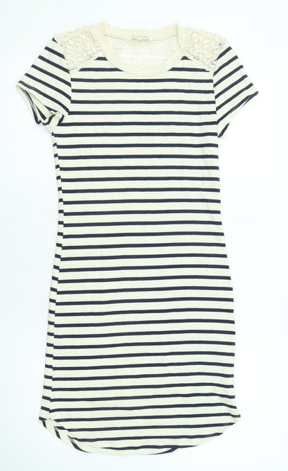 Monteau Womens Beige Striped Cotton T-Shirt Dress Size M Round Neck Pullover - Crochet Detail