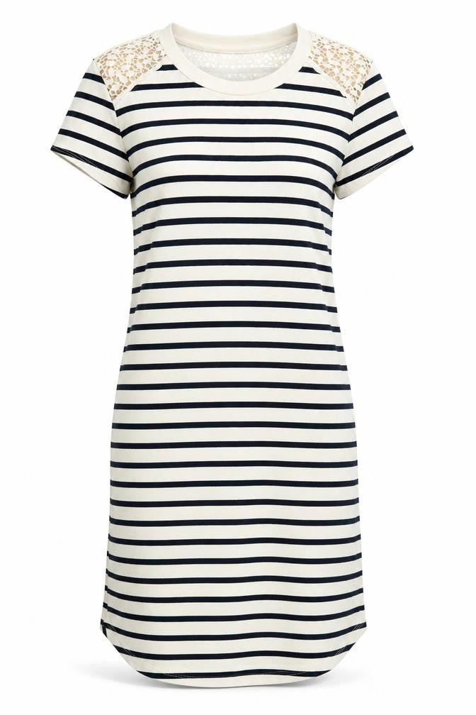 Monteau Womens Beige Striped Cotton T-Shirt Dress Size M Round Neck Pullover - Crochet Detail