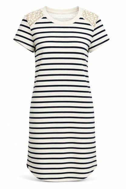 Monteau Womens Beige Striped Cotton T-Shirt Dress Size M Round Neck Pullover - Crochet Detail