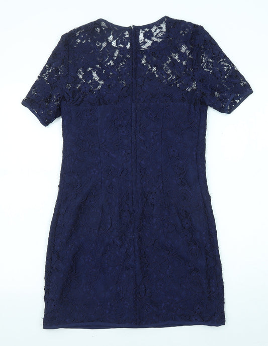 French Connection Womens Blue Polyamide A-Line Size 10 Round Neck Zip