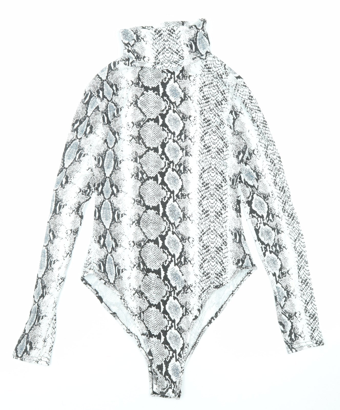 PRETTYLITTLETHING Womens Black Animal Print Viscose Bodysuit One-Piece Size 8 Snap - Snakeskin Pattern