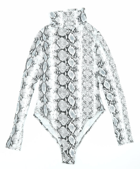 PRETTYLITTLETHING Womens Black Animal Print Viscose Bodysuit One-Piece Size 8 Snap - Snakeskin Pattern