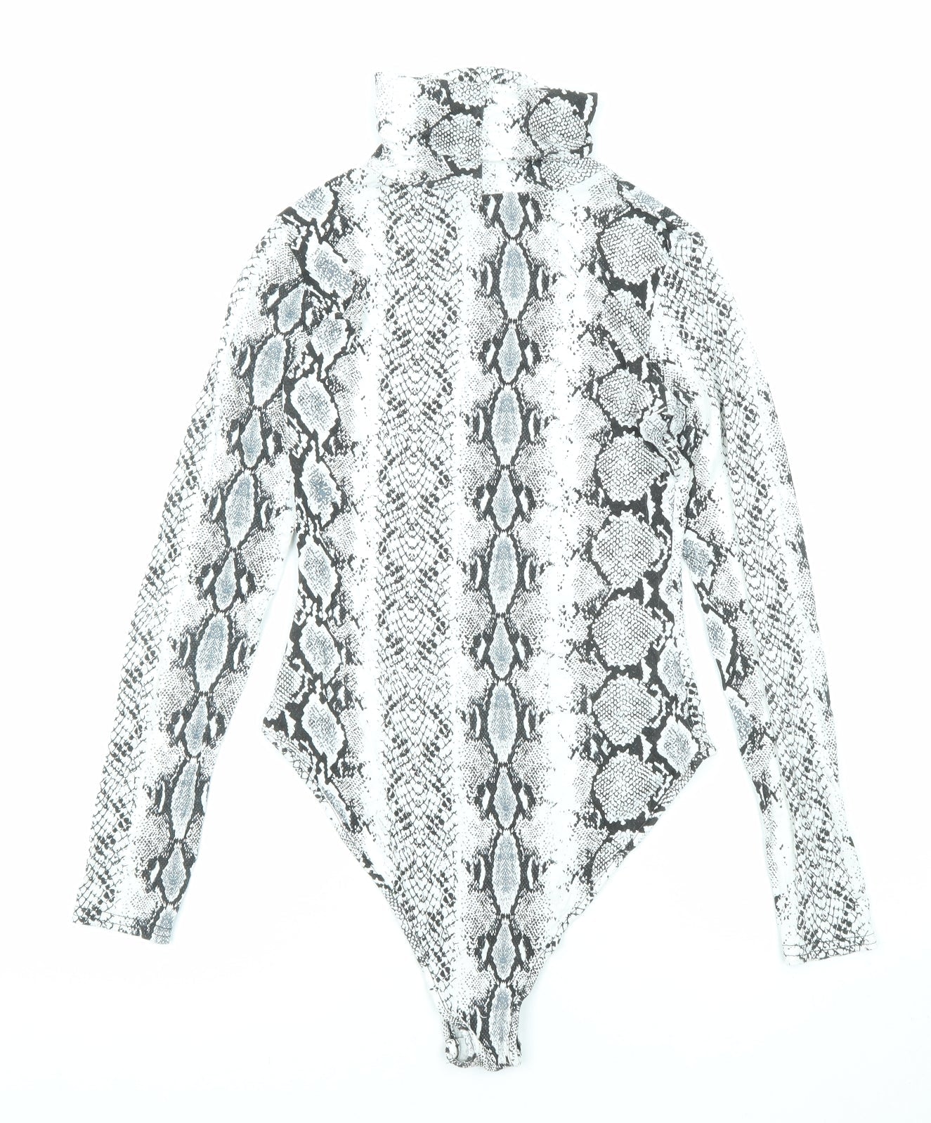 PRETTYLITTLETHING Womens Black Animal Print Viscose Bodysuit One-Piece Size 8 Snap - Snakeskin Pattern